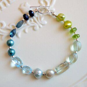 Green and Blue Gemstone and Pearl Beaded Bracelet
